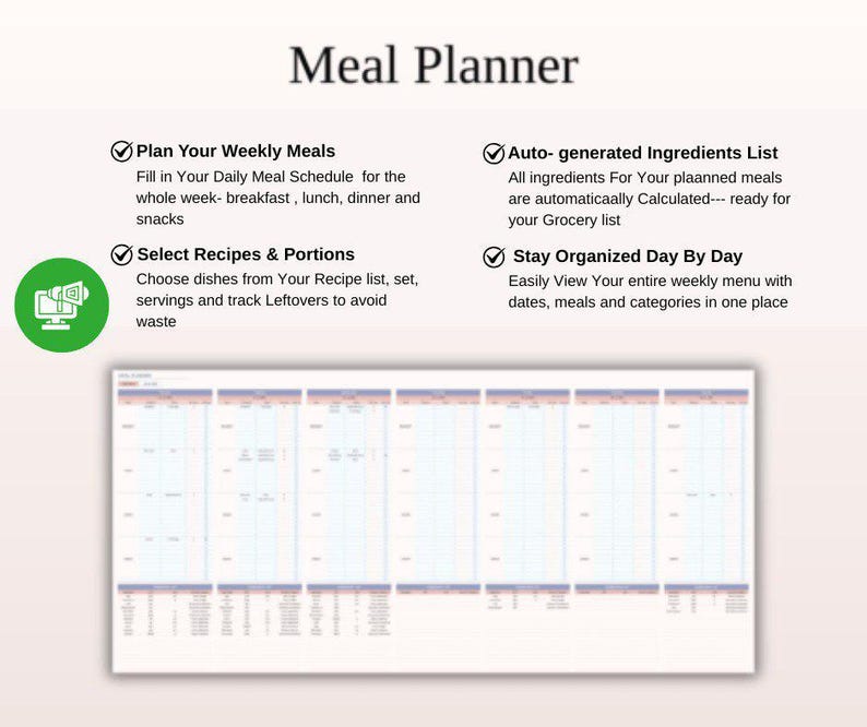 The image is a screenshot of a meal planning app interface, displaying various features and options for meal planning.