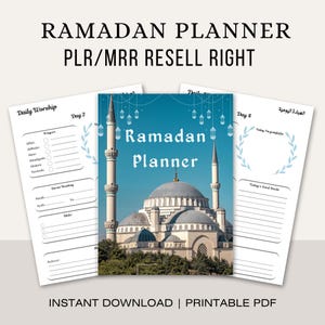 Puede incluir: Un planificador del Ramadán con una imagen de mezquita en la portada, rodeado de páginas para la adoración diaria, la lectura del Corán y las buenas acciones. Descarga instantánea en PDF.