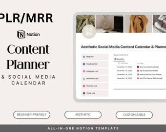 Calendario y planificador de contenido para redes sociales PLR/MRR Notion / Programador de publicaciones revendible para Instagram y TikTok / Plantilla de panel de creadores