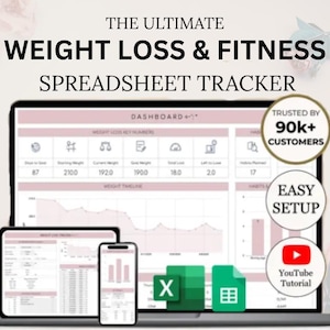 Puede incluir: Un rastreador de hojas de cálculo digital para la pérdida de peso y el fitness que se muestra en una computadora portátil, una tableta y un teléfono inteligente. La pantalla muestra un panel con los números clave de la pérdida de peso y un gráfico de la línea de tiempo del peso.