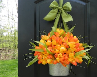 Spring and Summer Tulip Pail Wreath - Orange Tulip Basket Wreath