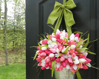 Spring Wreath - Tulip Wreath - Pink Wreath - Easter Wreath  - Tulip Pail