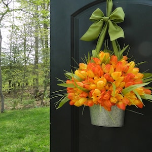 Tulip Pail Wreath - Orange Flower Basket - Mother's Day Present