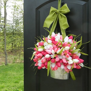 Spring Wreath - Tulip Wreath - Pink Wreath - Easter Wreath  - Tulip Pail