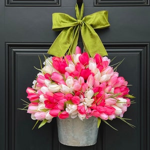 Tulip Spring Wreath - Tulip Wreath - Pink Wreath - Easter Wreath  - Tulip Pail