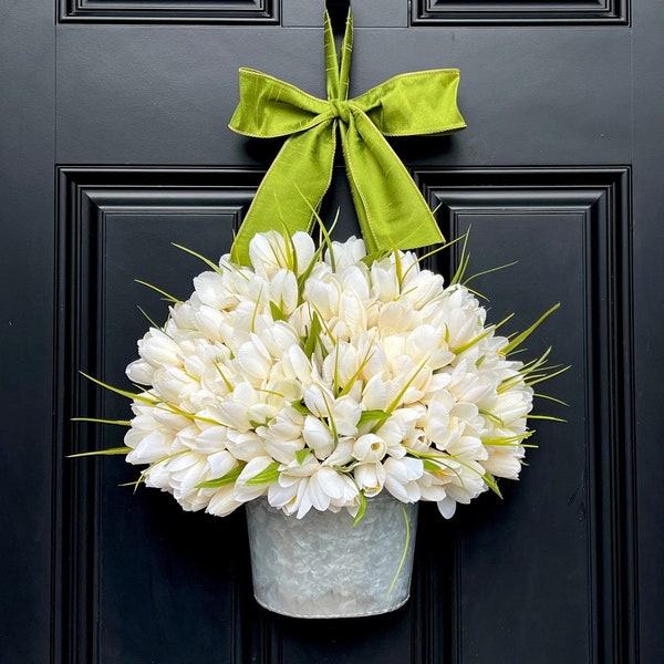 Ivory Tulip Bucket - Spring Tulip Wreath - Cream Color Wreath Alternative - Easter Wreath