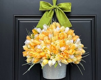 Tulip Wreath Alternative - Yellow Tulip Wreath - Tulip Bucket - Tulip Wall Basket