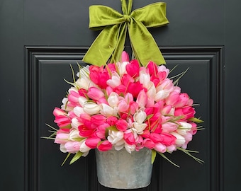 Tulip Spring Wreath - Tulip Wreath - Pink Wreath - Easter Wreath  - Tulip Pail