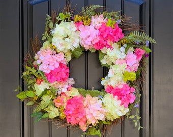 Pink & Green Hydrangea Wreath - Spring Flower Wreath - Outdoor Wreath - Front Porch Decor