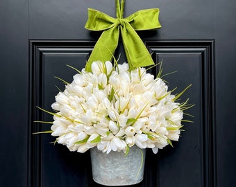 Ivory Tulip Bucket - Spring Tulip Wreath - Cream Color Wreath Alternative - Easter Wreath