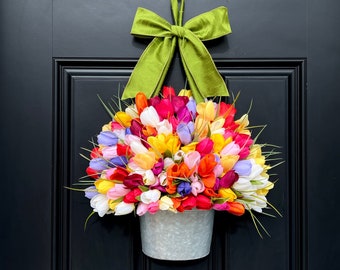 Tulip Wreath - Spring Wreath - Tulip Bucket Wreath - Tulip Basket - Ready to ship