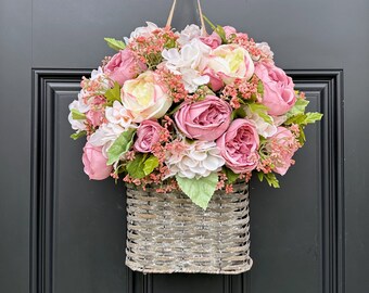 Spring Wreath, Pink Peony Wreath, Floral Arrangement Basket, Wedding Wreath