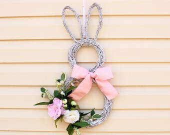 Bunny Wreath, Easter Wreath, Spring Wreath, Grapevine Bunny Door Hanger with Pink Flowers and Bow