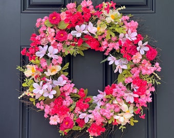 Pink Floral Wreath - Summer Door Wreath - Spring Door Decor