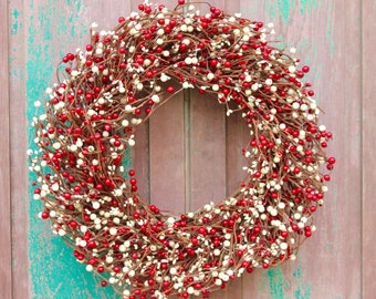 Red and Cream Wreath - Holiday Wreath - Valentine Wreath - Holiday Wreath