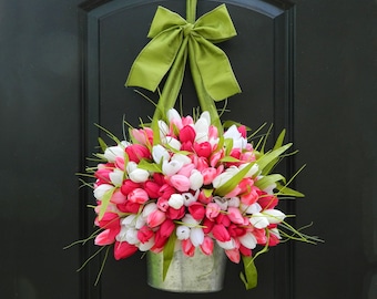 Tulip Fun Spring Wreath - Tulip Wreath - Pink Wreath - Easter Wreath  - Tulip Pail