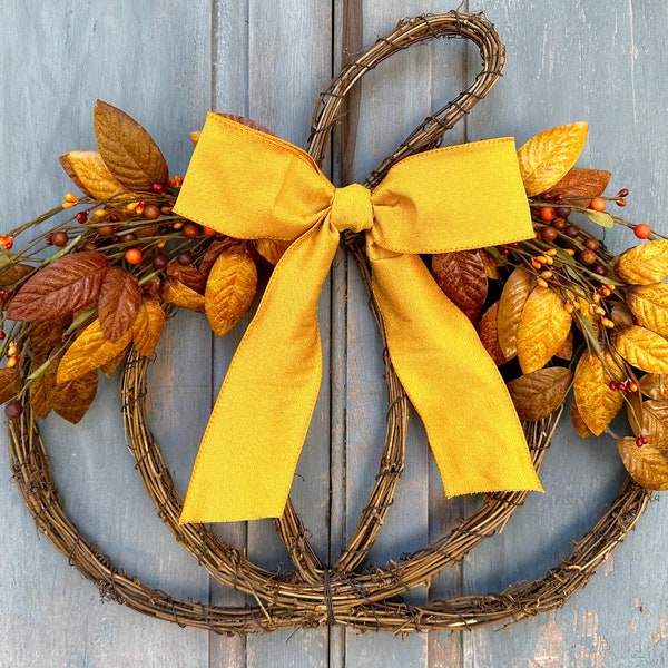 Fall Pumpkin Wreath - Grapevine Wreath with Fall Leaves and Acorns - Harvest Autumn Door Hanger