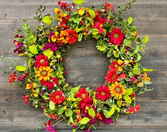 Wildflower Wreath, Summer Floral Wreath, Colorful Red Yellow Spring Flower Wreath for Front Door