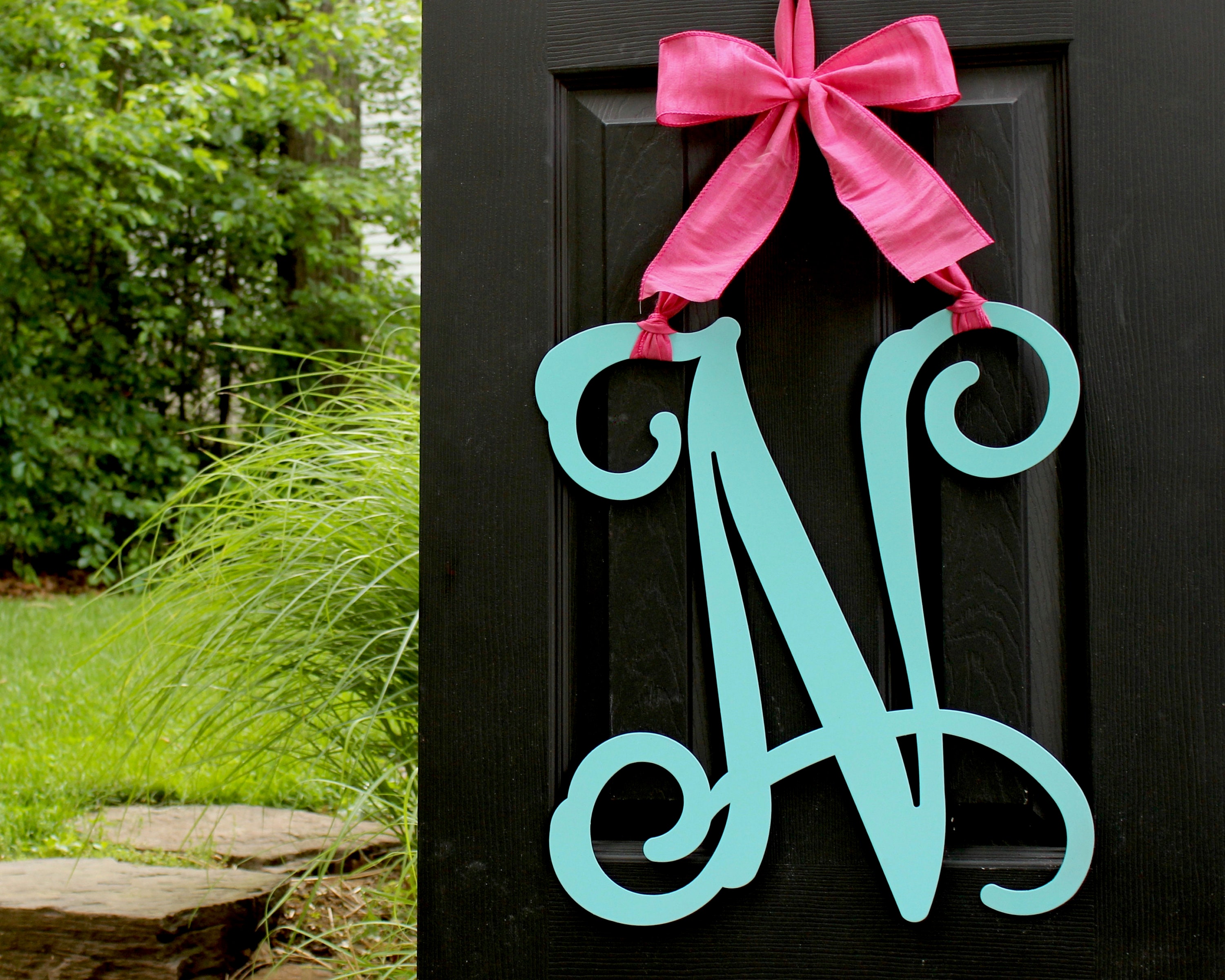 Monogrammed Door Hanger Letter V Mom Gift Black and Burlap Everyday Year Letter Door Hanger