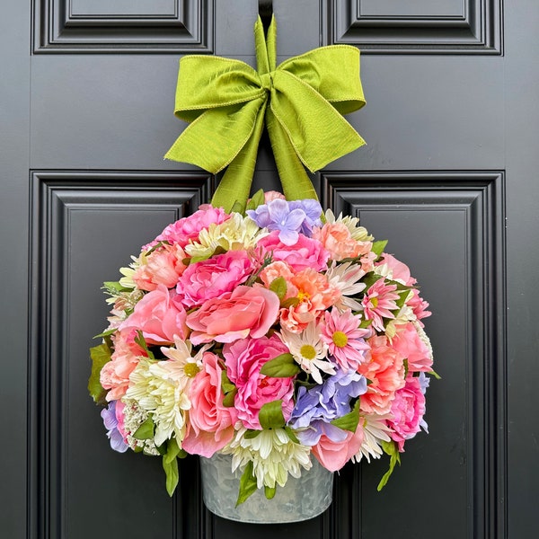 Pink Peony Daisy Bucket Wreath, Spring Wreath Alternative, Summer Wreath for Front Door