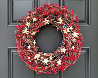 Fourth of July Wreath for Front Door, Red White and Blue Berry Wreath, Patriotic Wreath