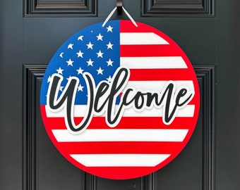 Patriotic Door Hanger, Fourth of July Decor, American Flag Wreath, Red White Blue Wood Round