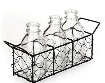 Chicken Wire Basket with Glass Bottles - Farmhouse Decor - Glass Bottles Jars Basket for Crafting or Home Decor - Bulk Craft Supplies