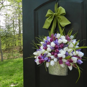 Spring Tulip Pail Wreath - Purple Easter Floral Door Hanger