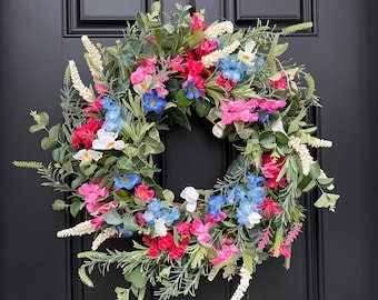 Summer Wreath - Floral Door Wreath- Farmhouse Wreath - Eucalyptus Wreath