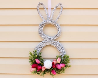 Bunny Wreath, Easter Wreath, Spring Wreath, Rabbit Door Hanger, Grapevine Bunny Door Hanger with Pink Tulips and Boxwood