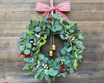 Christmas Wreath - Red Berry Wreath - Holiday Wreath - Greenery Wreath - Bell Wreath
