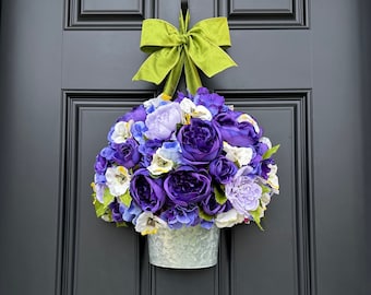 Purple Floral Wreath, Purple Flower Wreath for Front Door, Pansy and Peony Floral Bucket Wreath Alternative