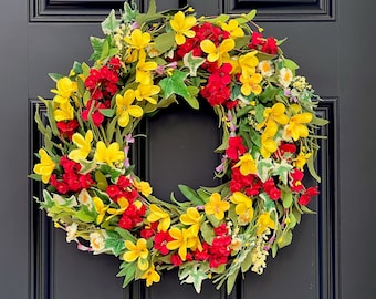 Summer floral wreath - Garden Wreath - Red Yellow Flower Wreath