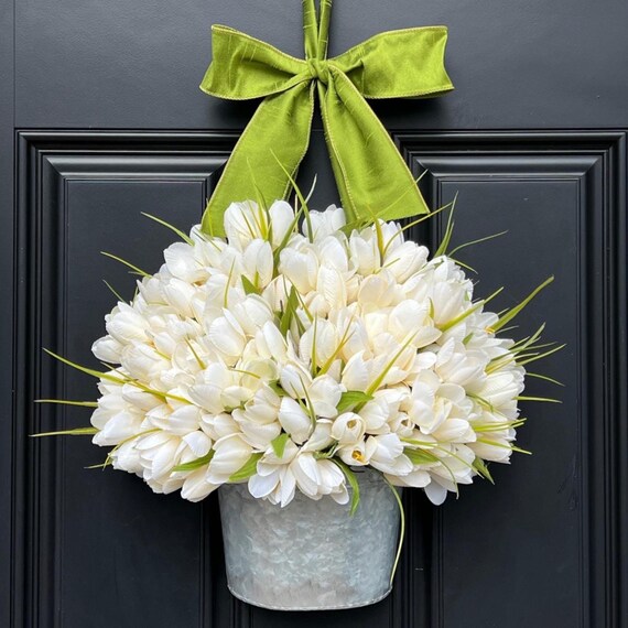 Ivory Tulip Bucket - Spring Tulip Wreath - Cream Color Wreath Alternative - Easter Wreath