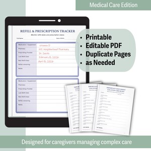 May include: A digital tablet displaying a "Refill & Prescription Tracker" form, with handwritten details. The image also shows several printed checklists and text that reads "Printable, Editable PDF, Duplicate Pages, as Needed."