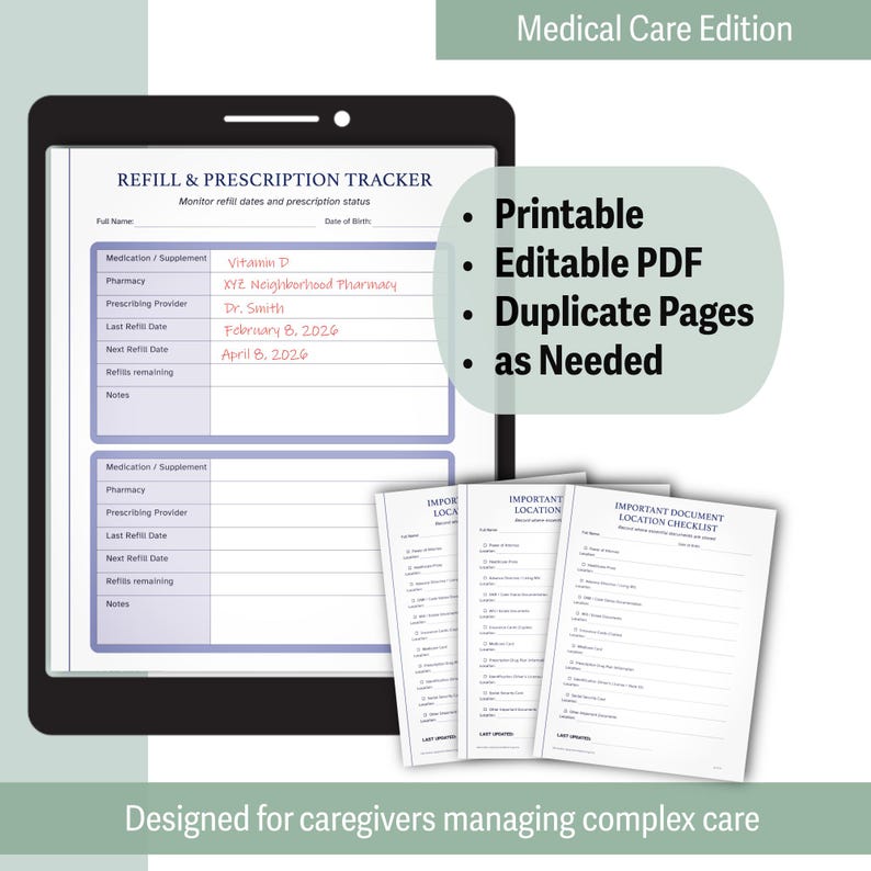 May include: A digital tablet displaying a "Refill & Prescription Tracker" form, with handwritten details. The image also shows several printed checklists and text that reads "Printable, Editable PDF, Duplicate Pages, as Needed."