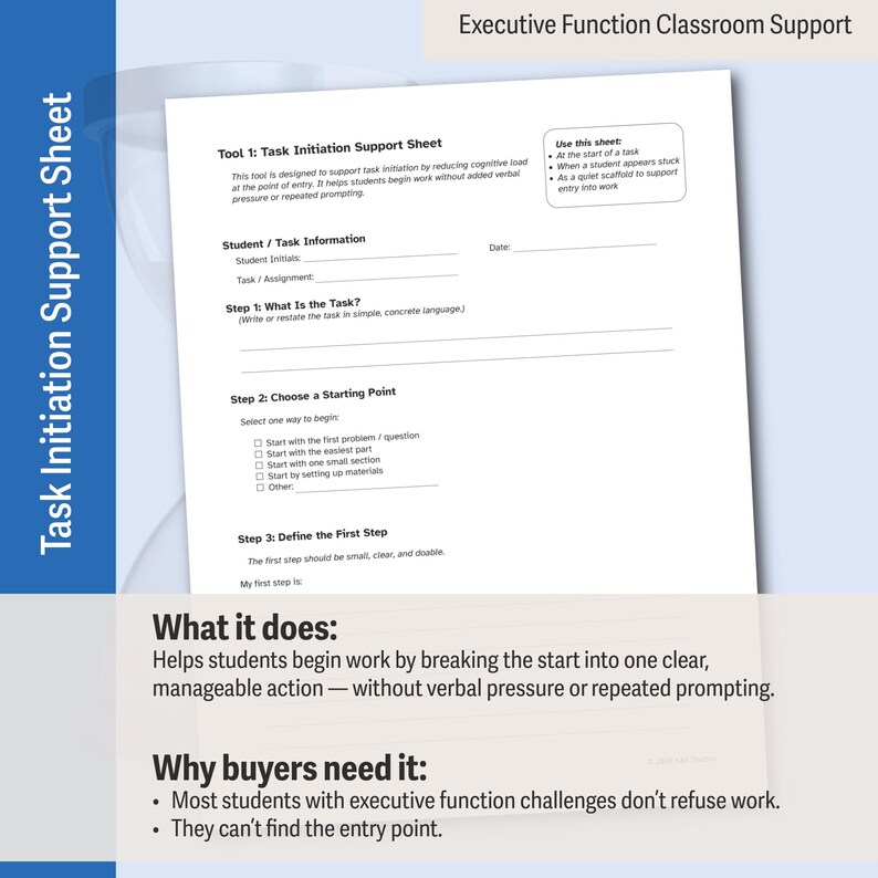 Pu&ograve; includere: Un foglio bianco di supporto all'avvio del compito intitolato "Supporto in classe per le funzioni esecutive". Il foglio include sezioni per le informazioni sullo studente, la definizione del compito e i punti di partenza. Aiuta gli studenti a iniziare.