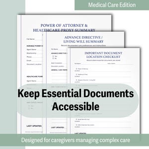 May include: A stack of three white document templates with black text. The documents include sections for power of attorney, healthcare proxy, and living will information. The text "Keep Essential Documents Accessible" is overlaid on the documents.