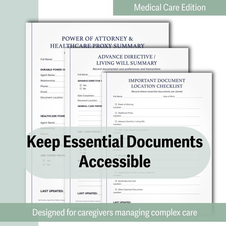 May include: A stack of three white document templates with black text. The documents include sections for power of attorney, healthcare proxy, and living will information. The text "Keep Essential Documents Accessible" is overlaid on the documents.