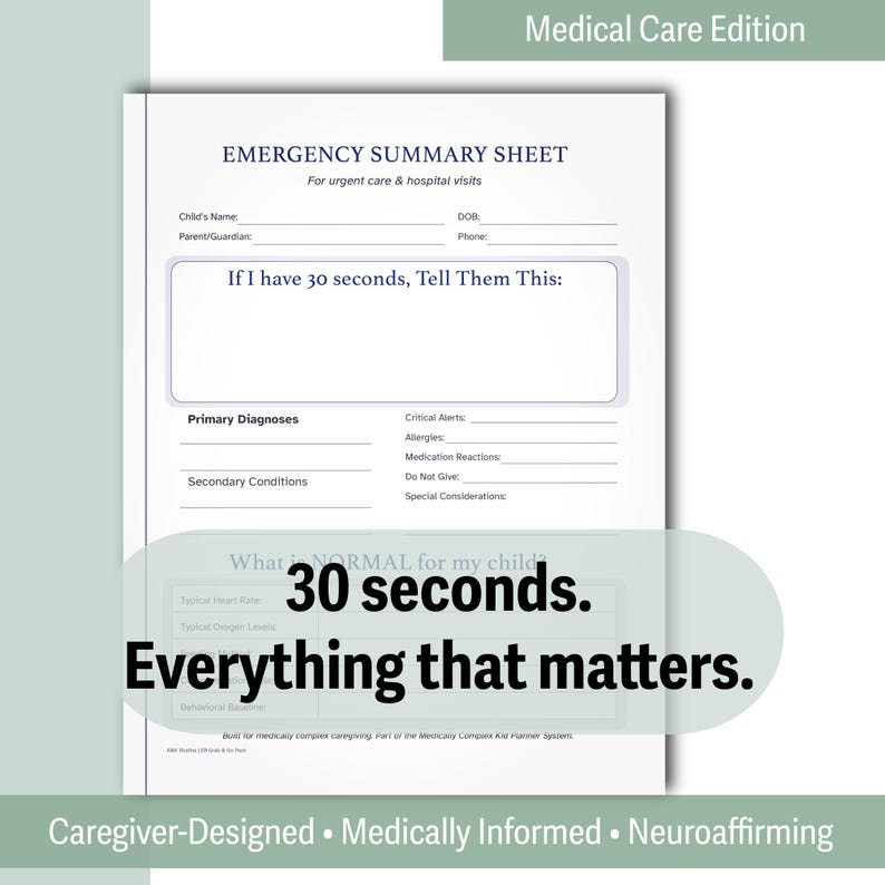 ER Grab & Go Medical Binder | Emergency Summary Sheets for Medically ...