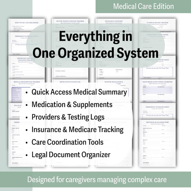 May include: A medical care organizer with the text "Everything in One Organized System." The organizer includes sections for medical summaries, medication, insurance tracking, and legal documents. Designed for caregivers managing complex care.
