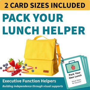 May include: A bright yellow lunch bag with a top handle and shoulder strap, accompanied by a stack of instructional cards labeled Pack Your Own Lunch Visual Steps for Success, with text reading 2 CARD SIZES INCLUDED PACK YOUR LUNCH HELPER.