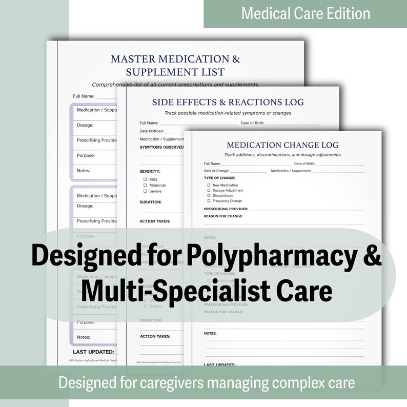 May include: A stack of white paper forms for medical care, including a master medication list, side effects log, and medication change log. Text on the forms includes "Designed for Polypharmacy & Multi-Specialist Care."