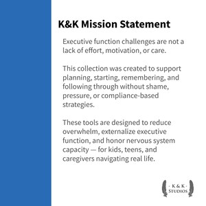 Pu&ograve; includere: Testo nero su sfondo bianco: "K&K Mission Statement". Il testo descrive strumenti progettati per ridurre l'eccessivo carico di lavoro e supportare la pianificazione per bambini, adolescenti e caregiver. Il logo K&K Studios &egrave; in basso a destra.