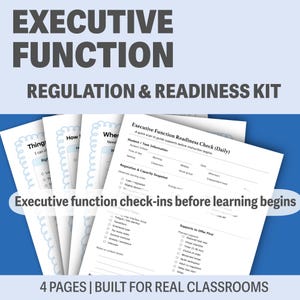 Könnte beinhalten: Ein Kit für die Regulierung und Bereitschaft der Exekutivfunktionen. Das Bild zeigt vier Seiten mit Checklisten mit dem Text "Executive Function Readiness Check (Daily)" und "Executive function check-ins before learning begins". Der Text "4 PAGES | BUILT FOR REAL CLASSROOMS" ist ebenfalls sichtbar.