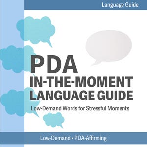 May include: A white background features the text "PDA IN-THE-MOMENT LANGUAGE GUIDE" in large, dark grey letters. The guide includes the subtitle "Low-Demand Words for Stressful Moments." Light blue speech bubbles are scattered around the text.