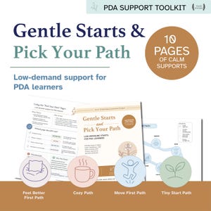 May include: A PDA Support Toolkit featuring 10 pages of calm supports. The document includes Gentle Starts & Pick Your Path, low-demand support for PDA learners, with sections for Feel Better First, Cozy, Move First, and Tiny Start paths.