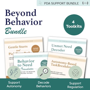 May include: A bundle of four toolkits for PDA support. The title "Beyond Behavior Bundle" is in dark blue and green. The toolkits include "Gentle Starts," "Behavior to Need Translator," "Unmet Need Decoder," and "Autonomy-Based TaskBreakdown."
