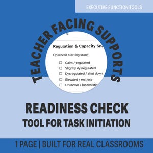 Könnte beinhalten: Blaue Grafik mit dem Text „Teacher Facing Supports“ und „Readiness Check Tool for Task Initiation“. Das Bild enthält ein kreisförmiges Diagramm zur Beurteilung des Ausgangszustands eines Schülers mit Optionen wie „Calm / regulated“.