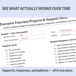 Puede incluir: Un papel blanco titulado "Executive Function Progress & Support Notes" con texto que incluye "Student / Task Information" y "Supports Used". La fecha es 30/01/2025 y el entorno es "classroom".